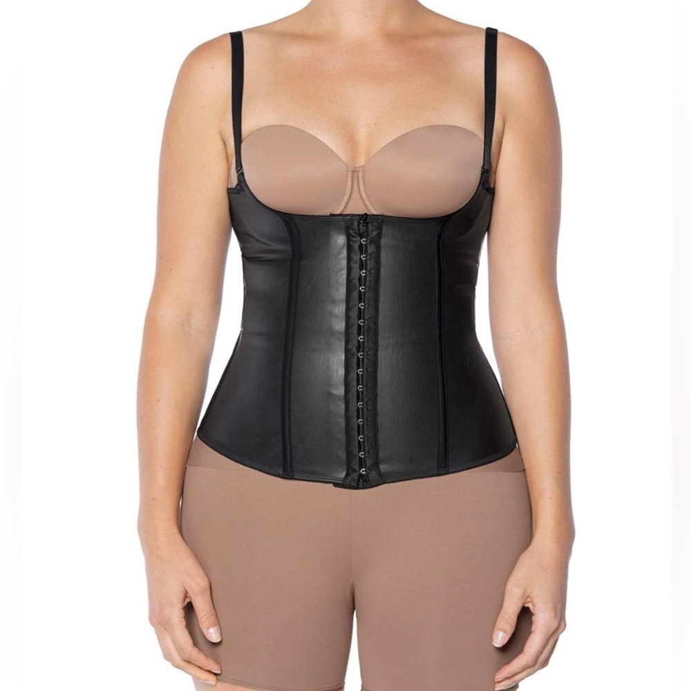 Stellas Corset black latex corset boning adjustable straps hook and eye closure